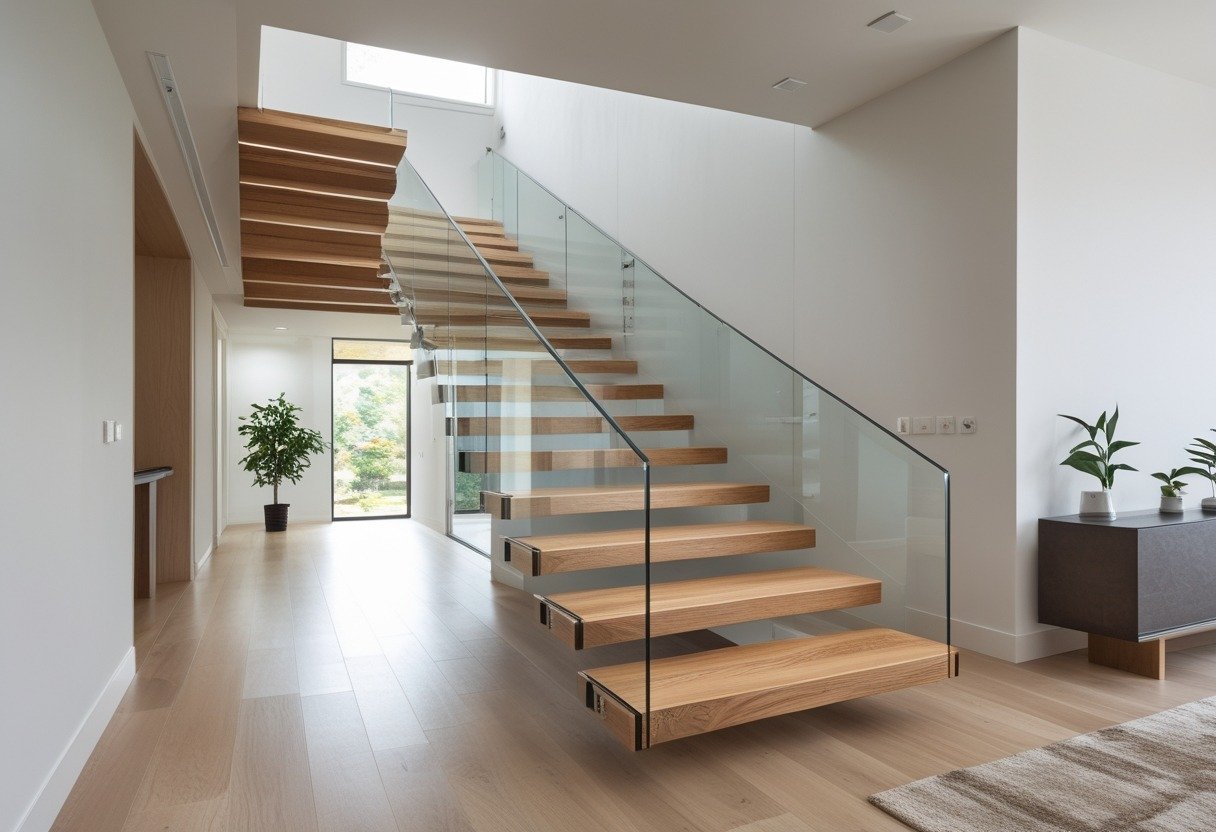 A bright hallway with a floating oak staircase that has glass railings.