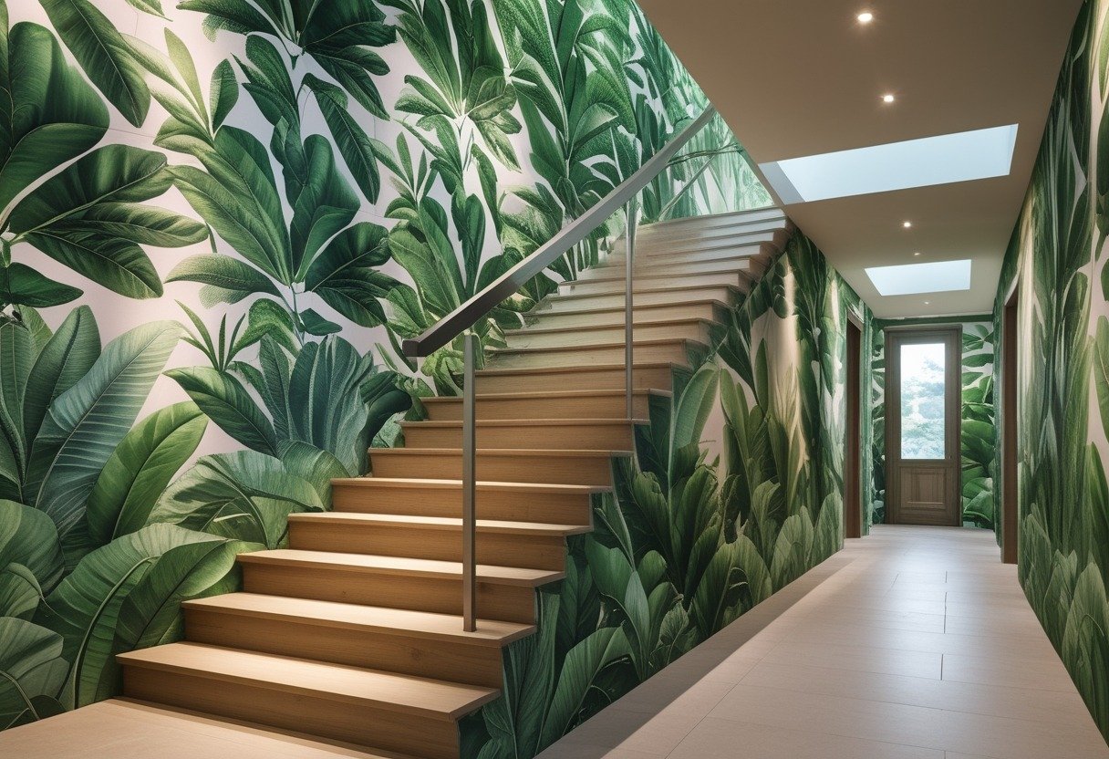 A stairwell with ten wooden steps and a hallway, both decorated with large green botanical wallpaper.