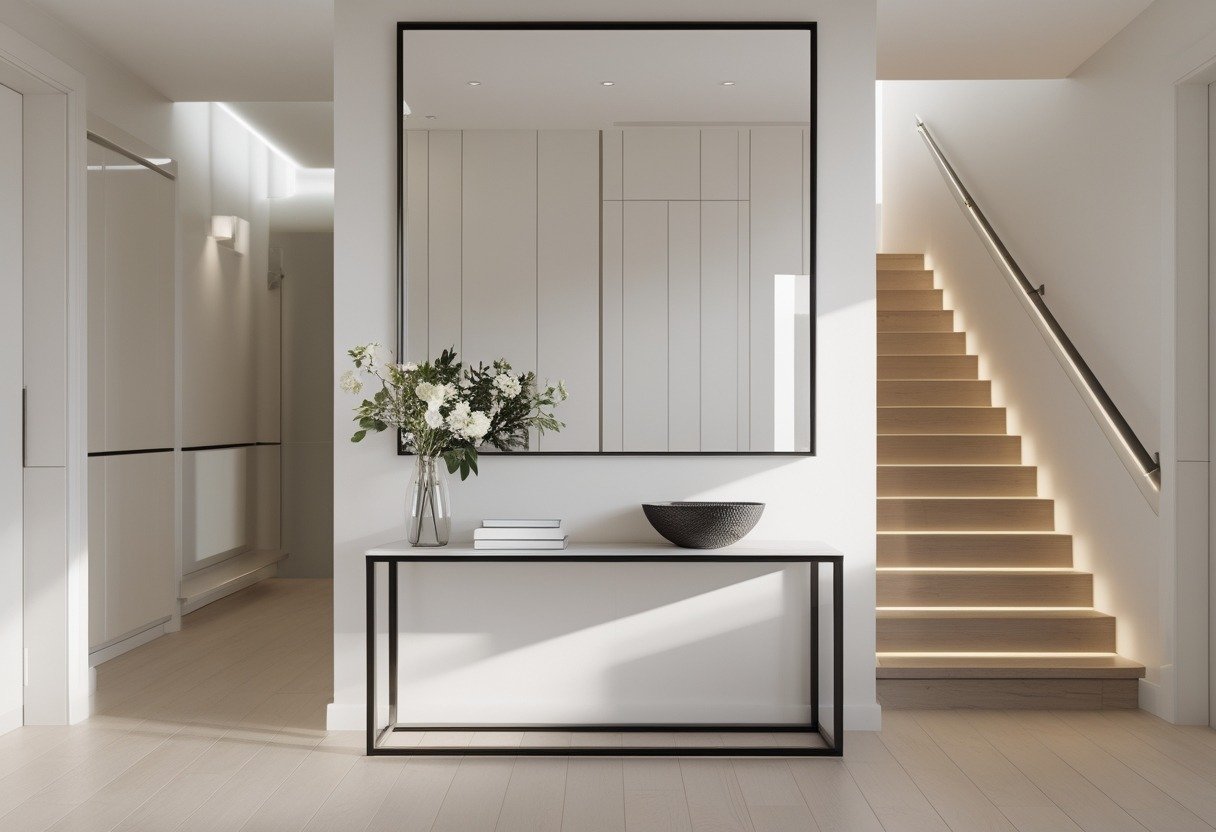 A hallway entry with a slim console table, a large mirror above it, and a staircase with ten steps in the background.