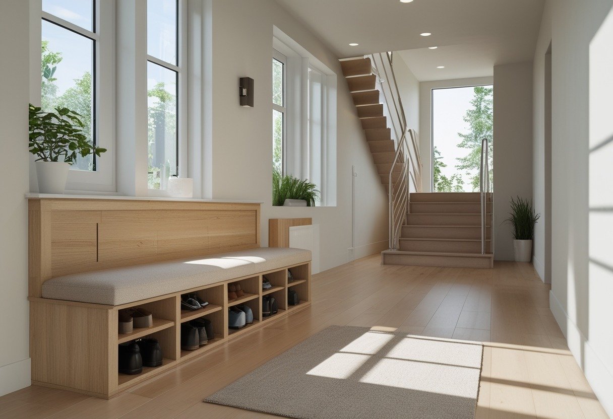 A hallway with a wooden bench that has shoe cubbies underneath and an upholstered cushion, next to a staircase with ten steps.