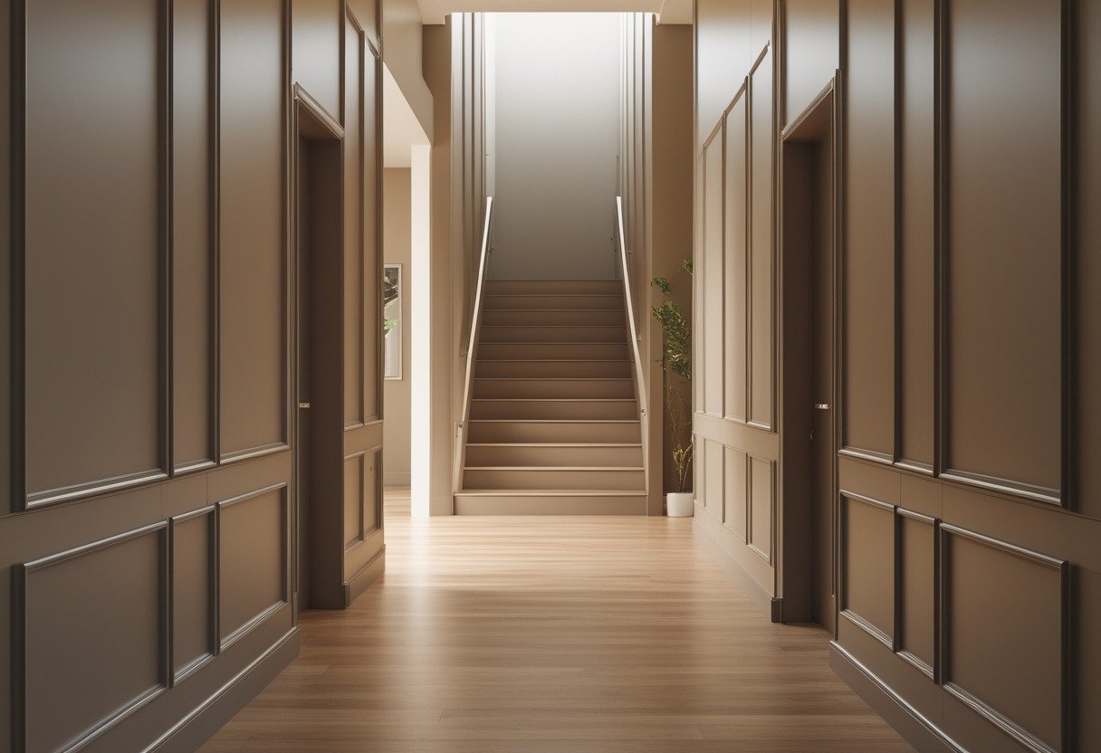 Hallway with floor-to-ceiling greige paneling and a staircase with ten steps.