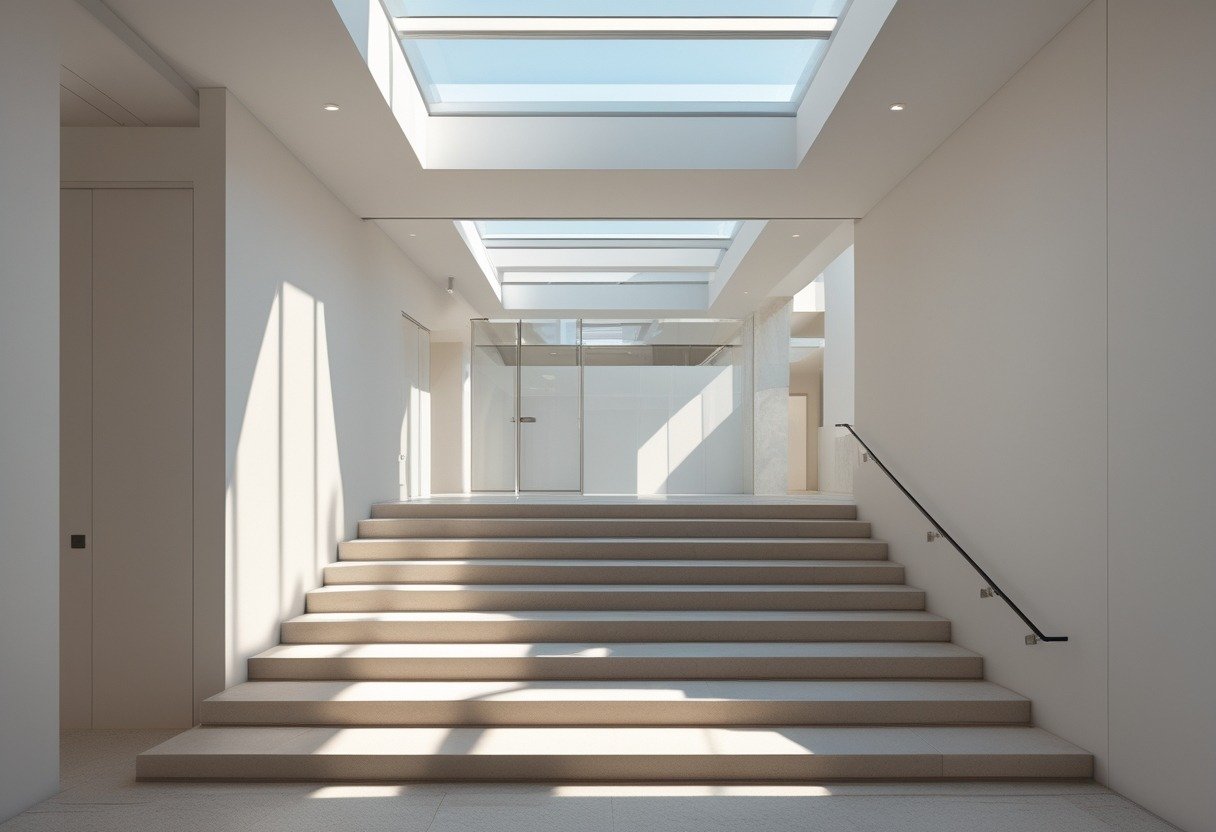A bright stair landing with ten steps and a skylight above, leading to a well-lit hallway.