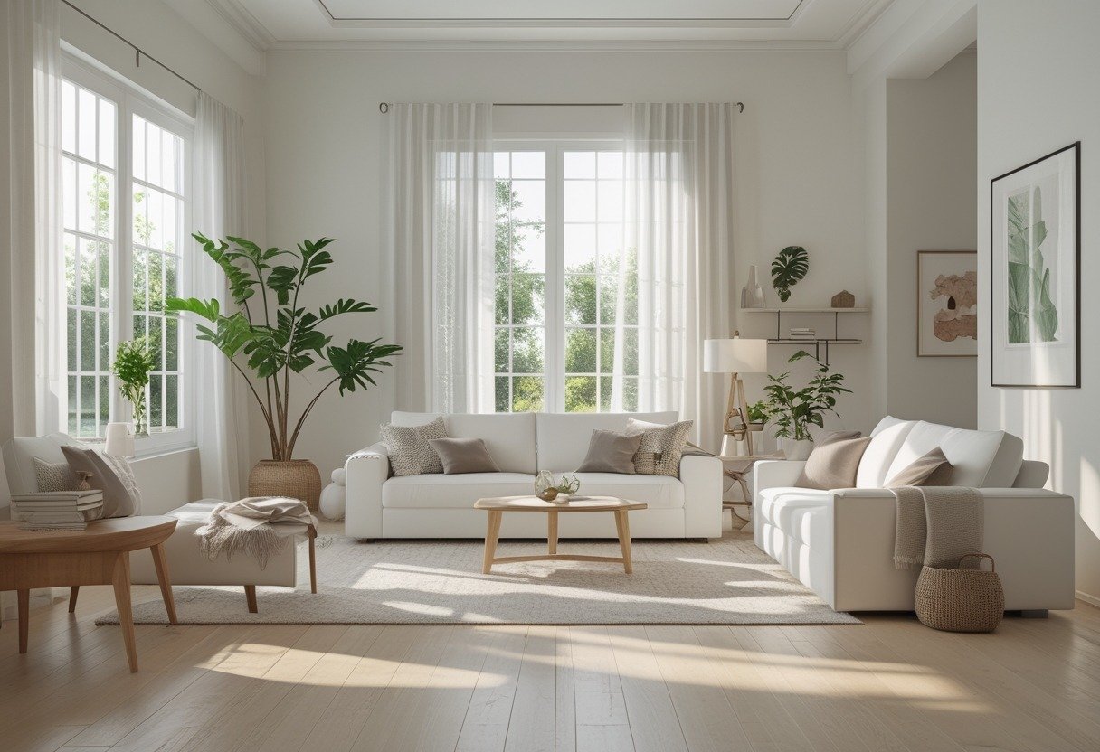 A bright living room with a large white couch, wooden coffee table, plants, and natural light coming through windows.
