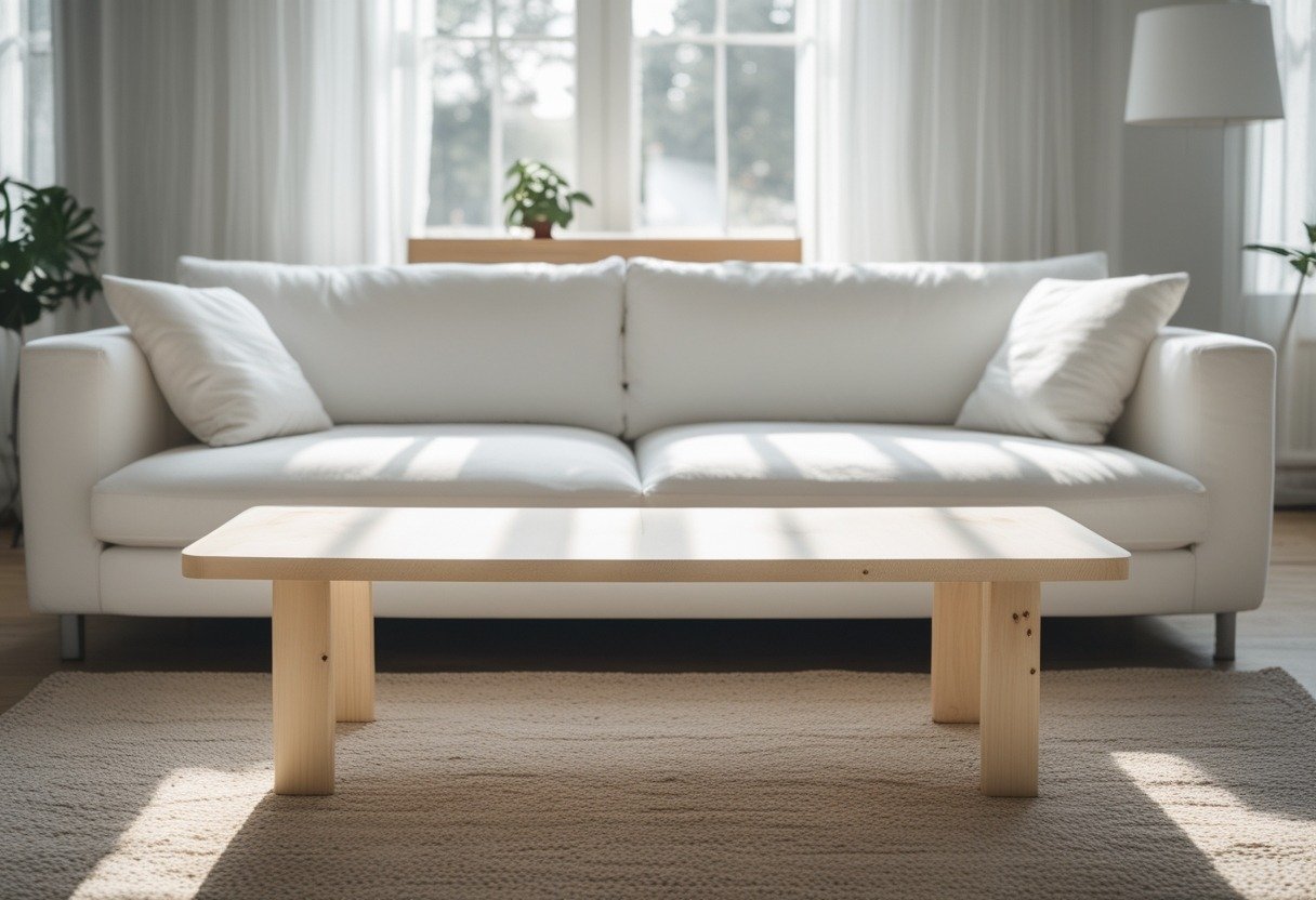 A bright living room with a white couch and a light wood coffee table in front of it.