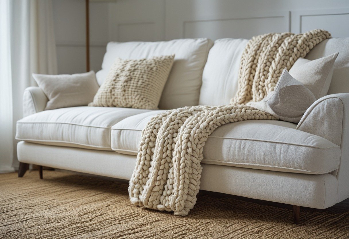 A white linen sofa with a chunky knit throw blanket on a jute rug in a living room.