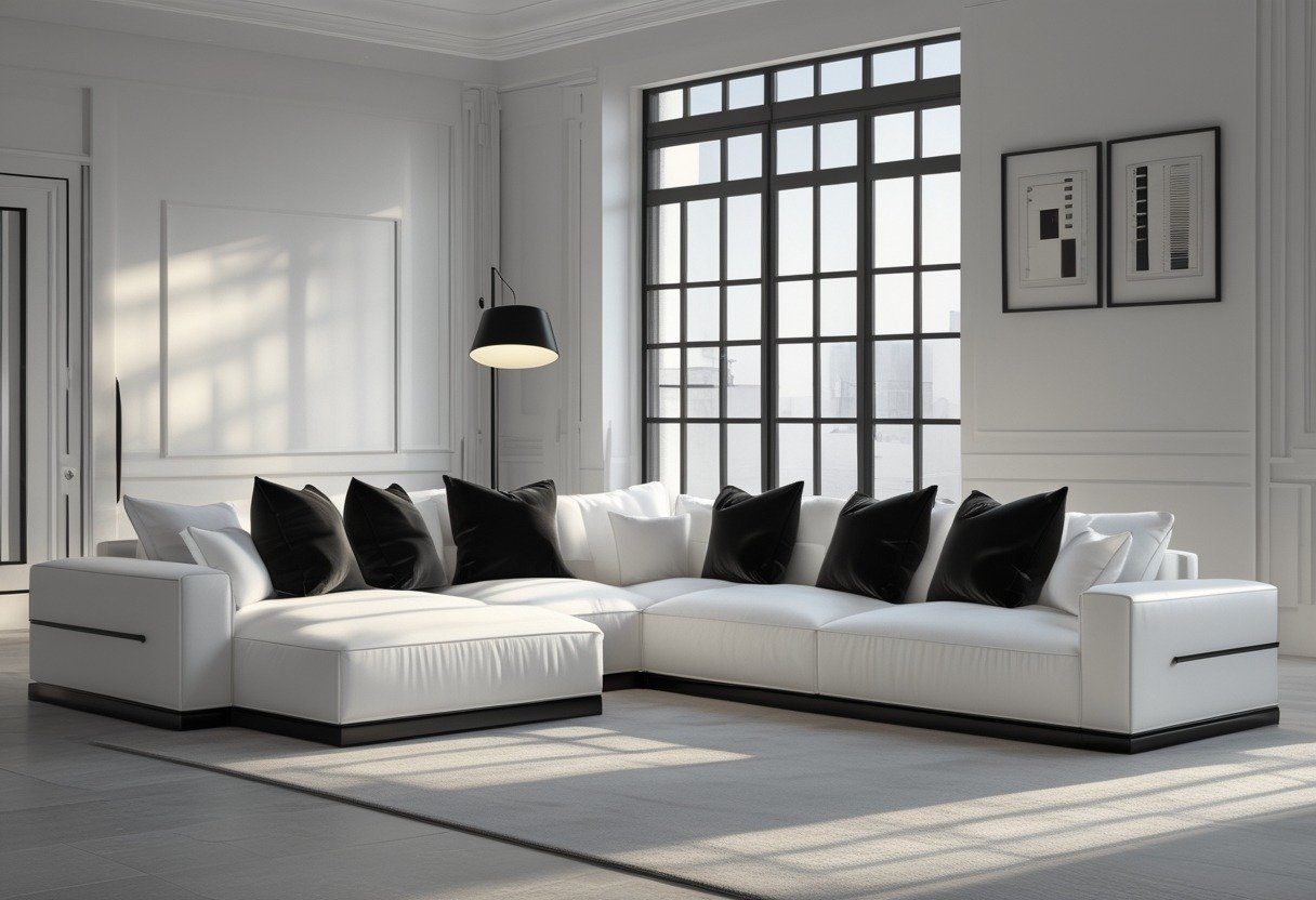 A living room with a large white sectional couch accented by black pillows and a black floor lamp.