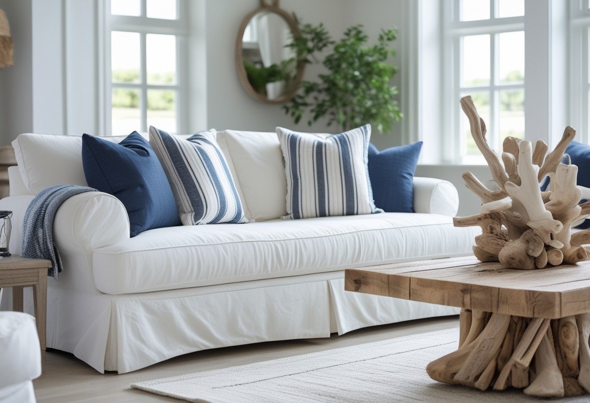 A white slipcovered couch with navy striped pillows in a bright living room with driftwood decor on a wooden coffee table.