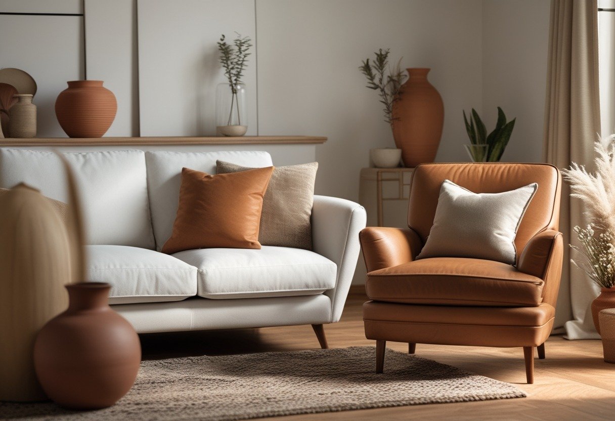 Living room with a white sofa, a camel leather armchair, and terracotta decorative items on a wooden floor.