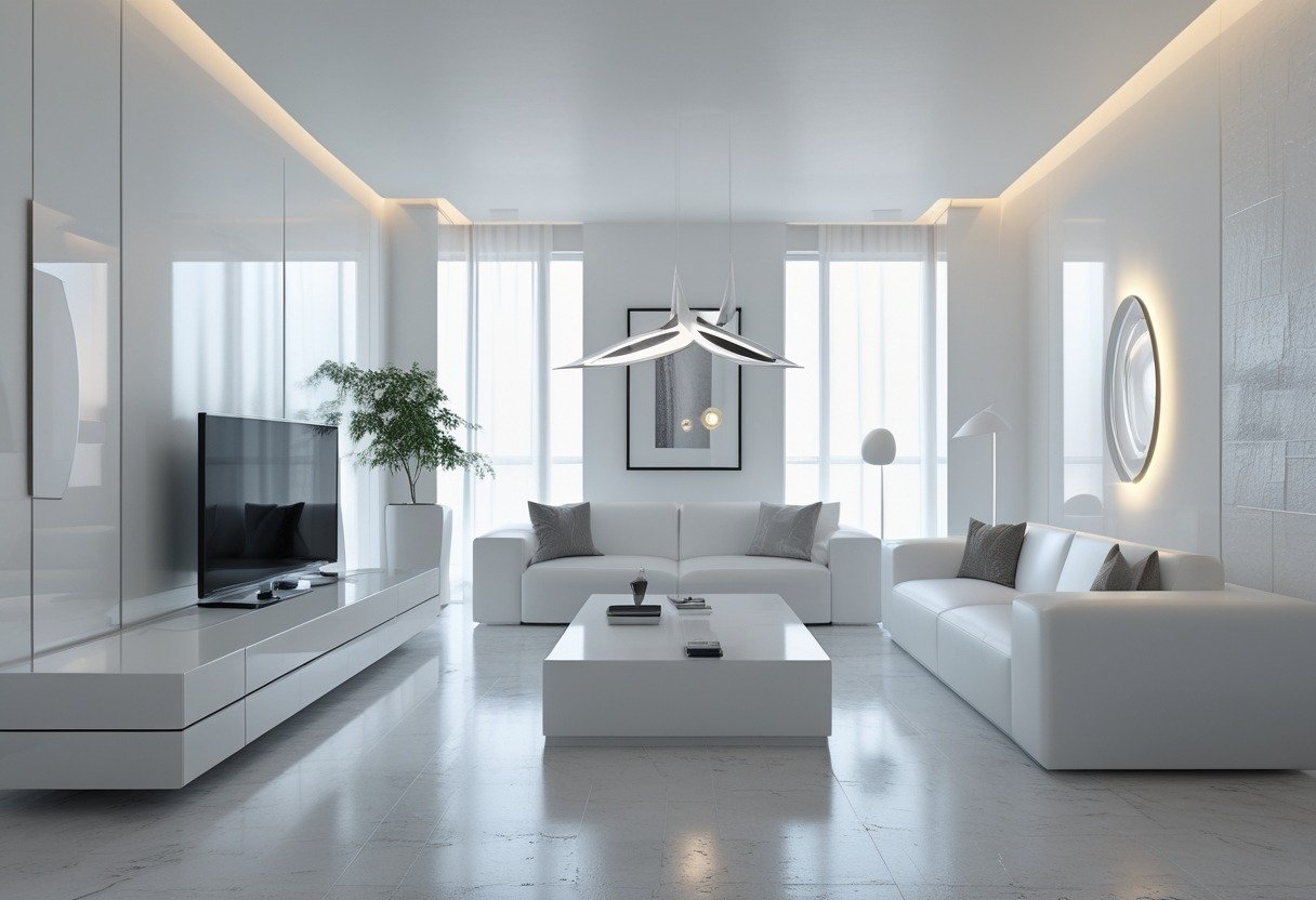 Bright living room with a large white couch, glossy white media console, and artistic lighting fixtures.