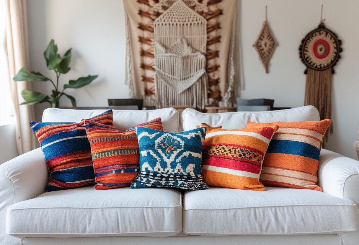 A white sofa with colorful pillows and a decorative wall hanging in a bright living room.