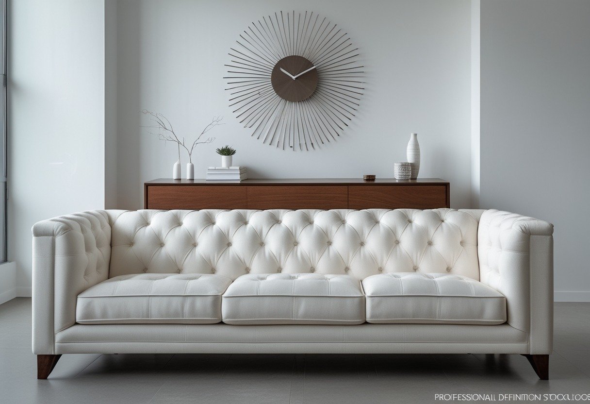 Living room with a white tufted sofa, a walnut sideboard, and a starburst clock on the wall above the sideboard.