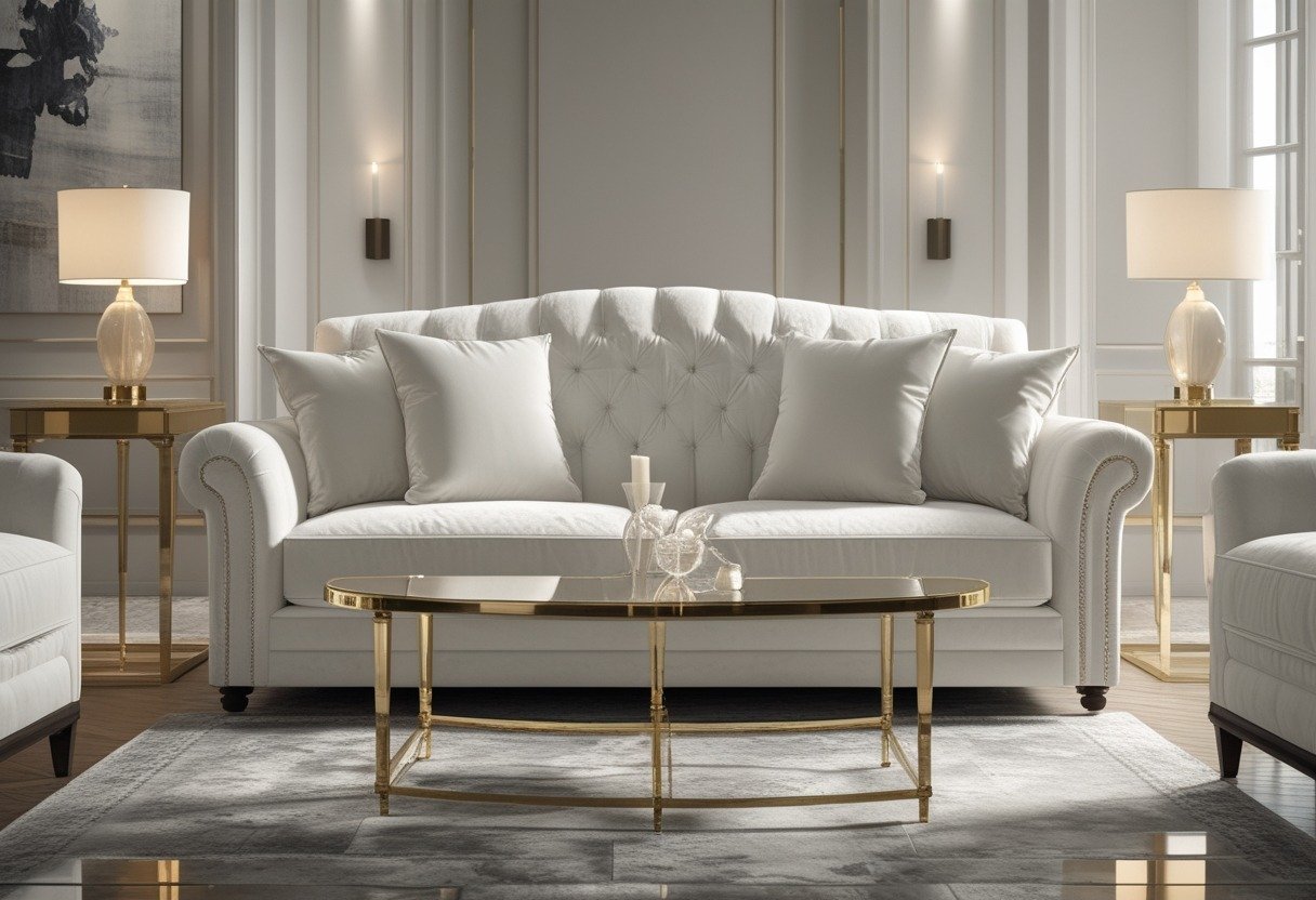 A white velvet couch with gold side tables and a mirrored coffee table in a bright living room.