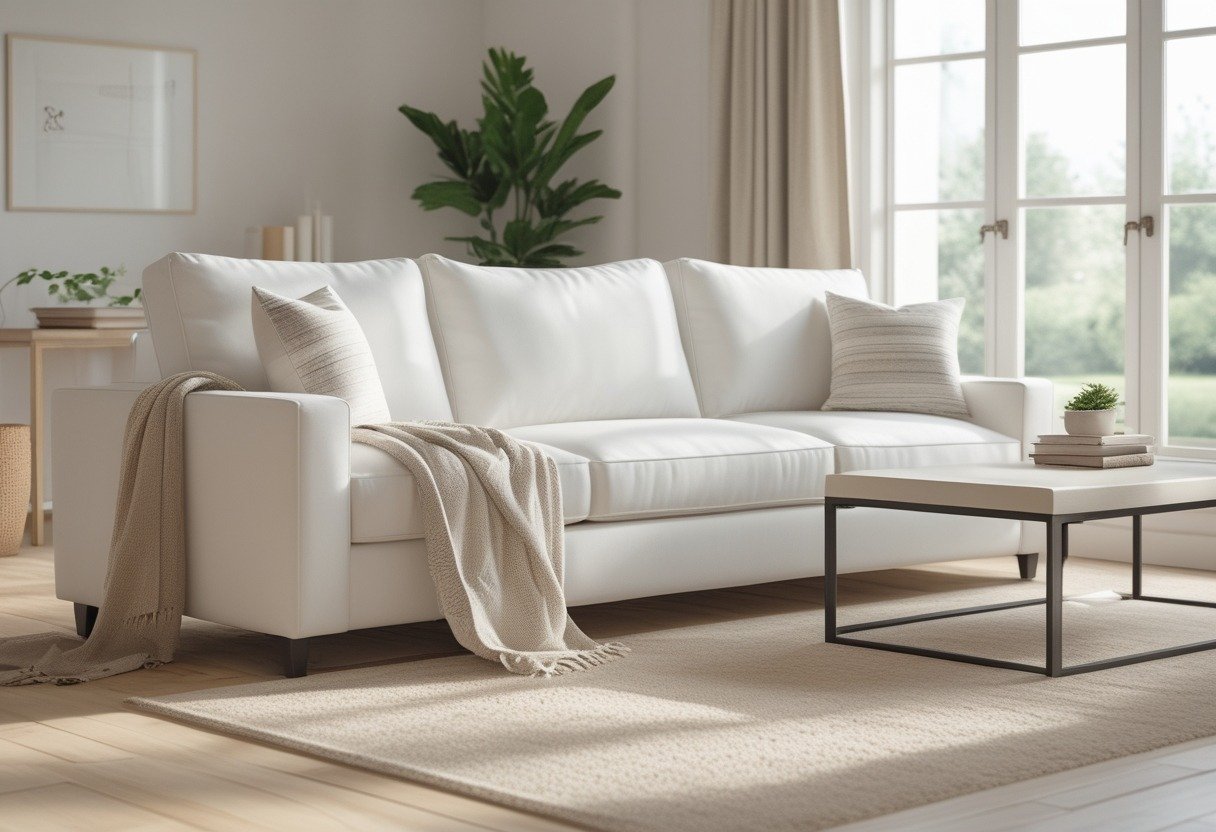 A bright living room with a large white fabric sofa, natural light, a coffee table, and a soft area rug.