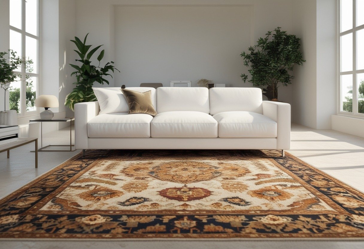 A white couch placed on a large patterned rug in a bright living room with natural light.