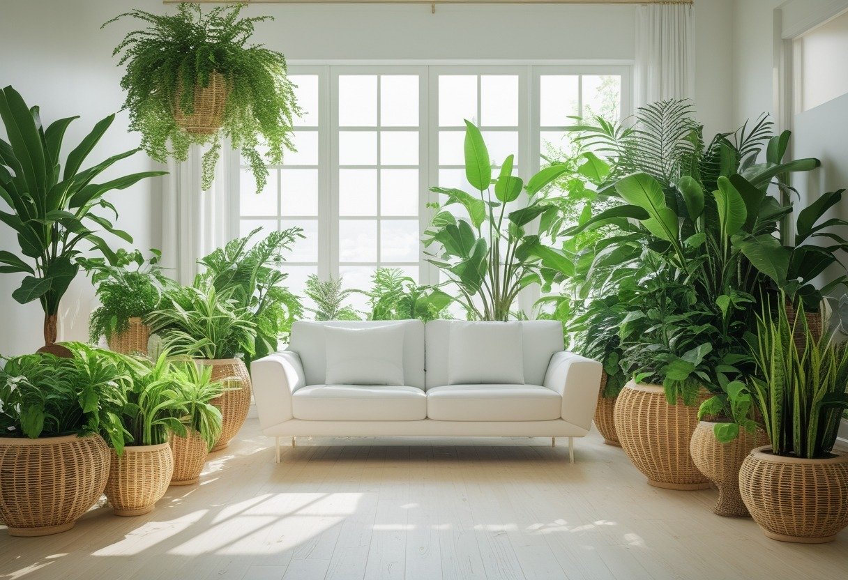 A white sofa surrounded by many indoor plants in rattan planters in a bright living room.