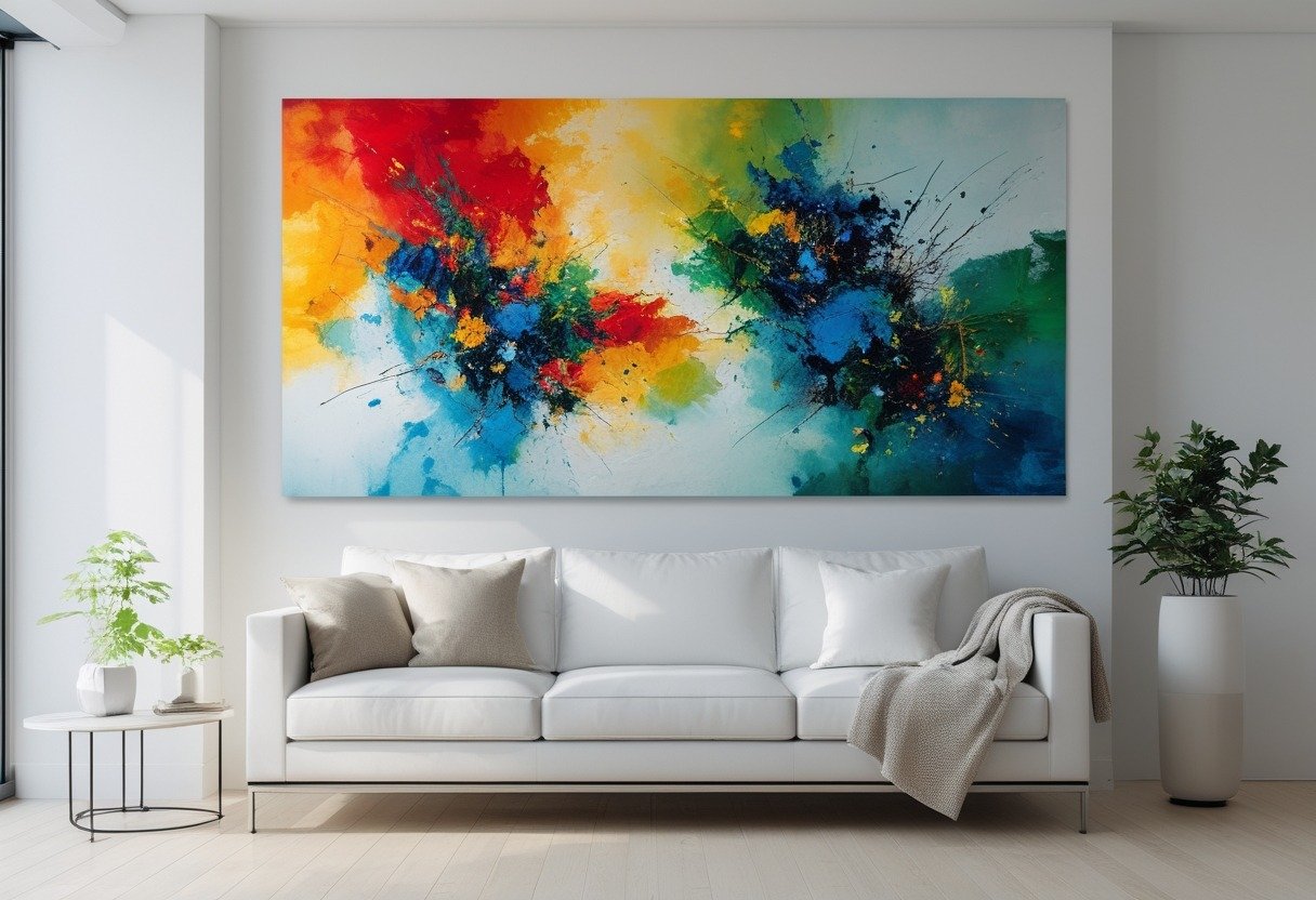A white couch beneath a large colorful abstract painting in a bright living room.