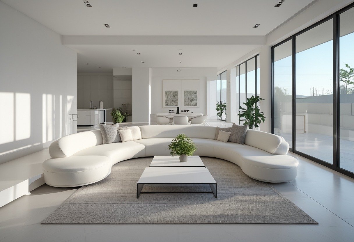 Open-plan living room with a large curved white sofa defining the seating area, bright natural light, and modern furnishings.