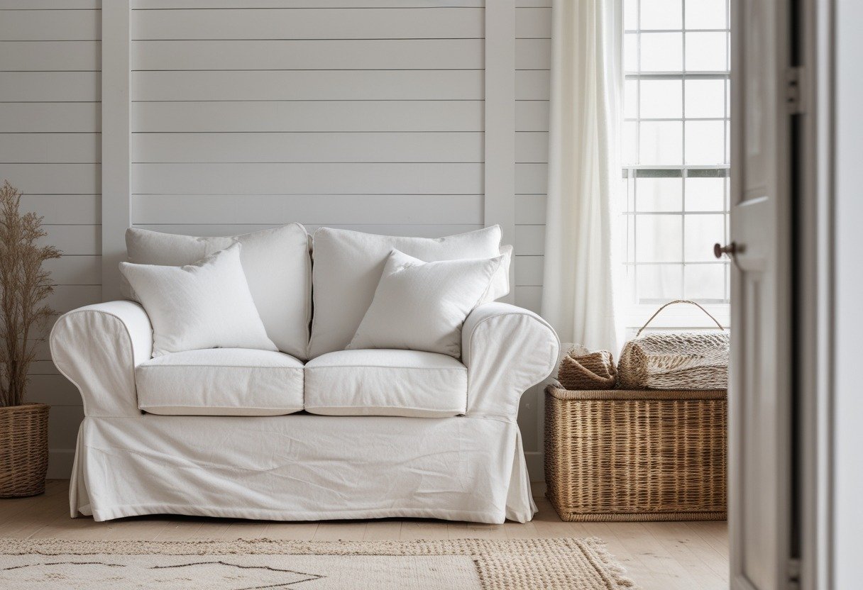 A white slipcover couch next to a woven basket against a white shiplap wall in a living room.