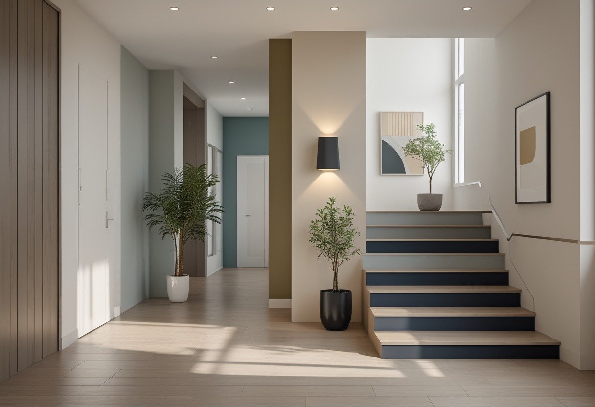A hallway with stairs showing various painted walls and stair risers in different colors with natural light coming through a window.