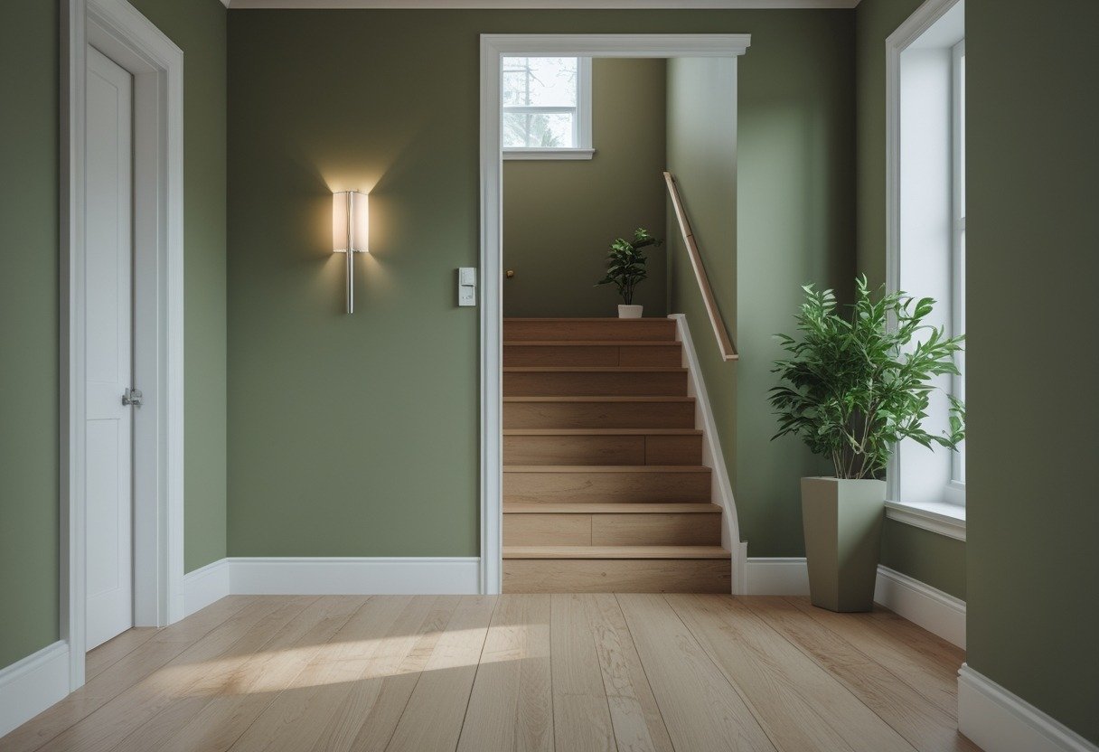 A hallway with a staircase, featuring an olive green accent wall and white trim.