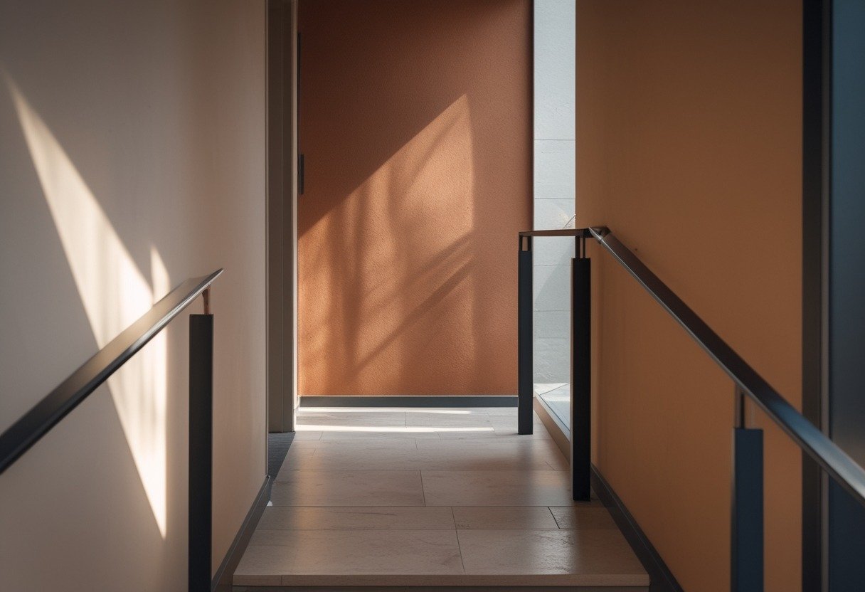 A hallway with a terracotta-colored wall and matte black stair rails along a staircase.