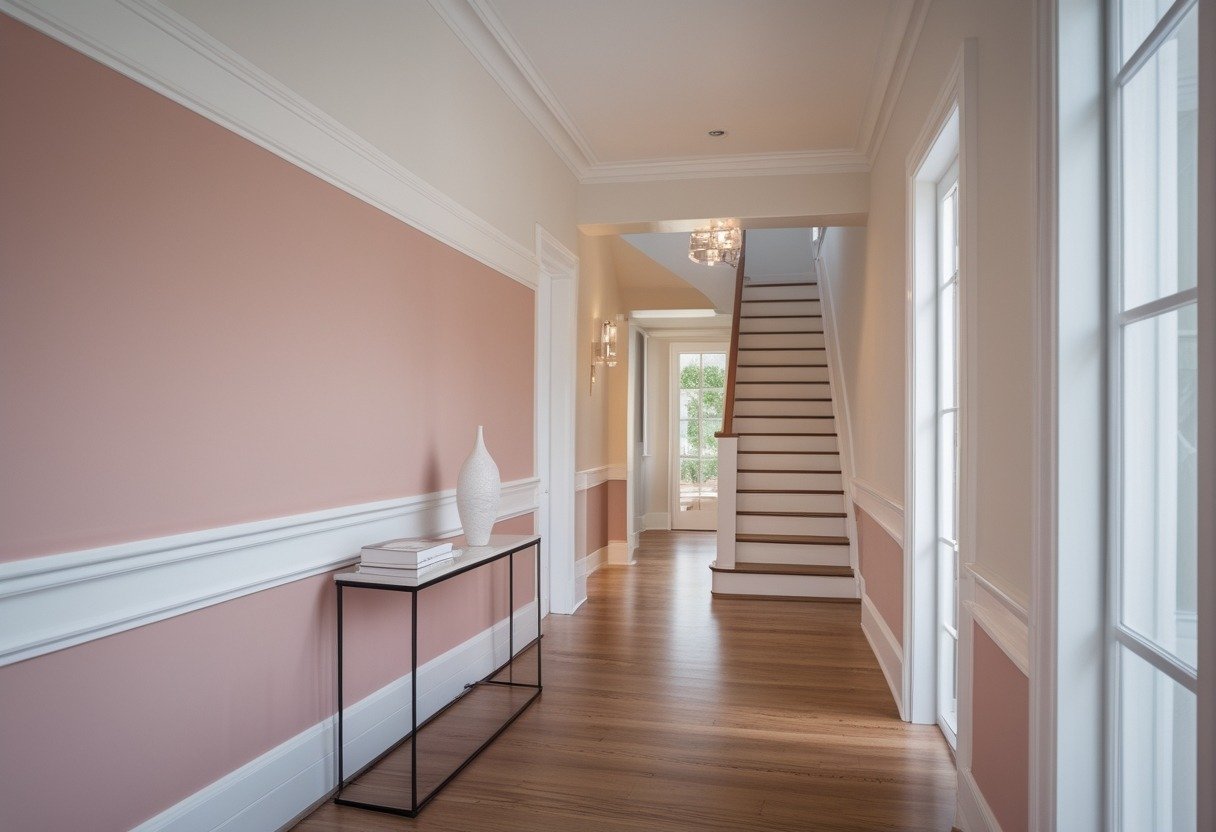 A hallway with soft pink paint on the lower half of the walls separated by a white chair rail, featuring a staircase and a console table.