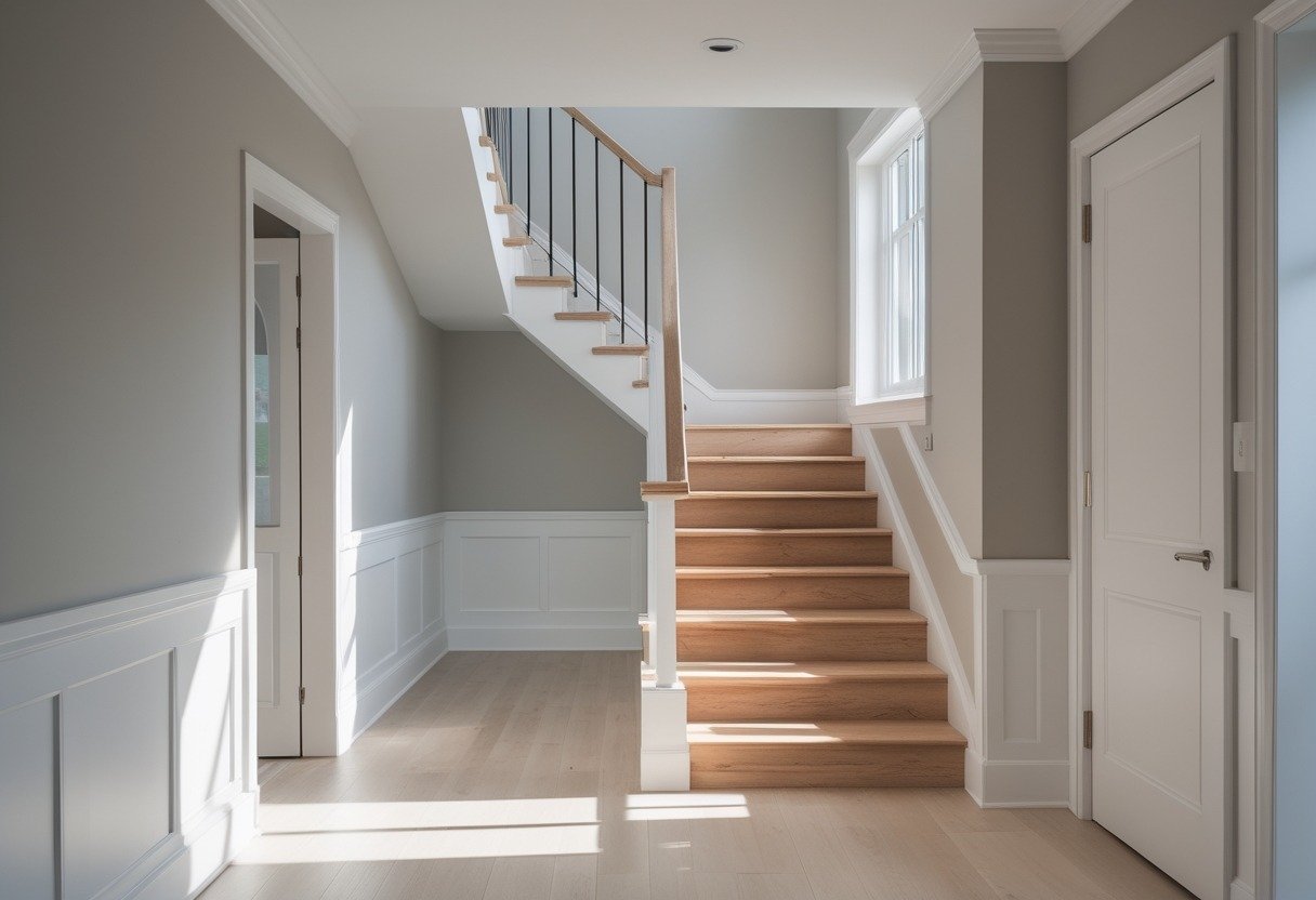 A clean, bright hallway and staircase painted in light gray with white trim and wooden stairs.
