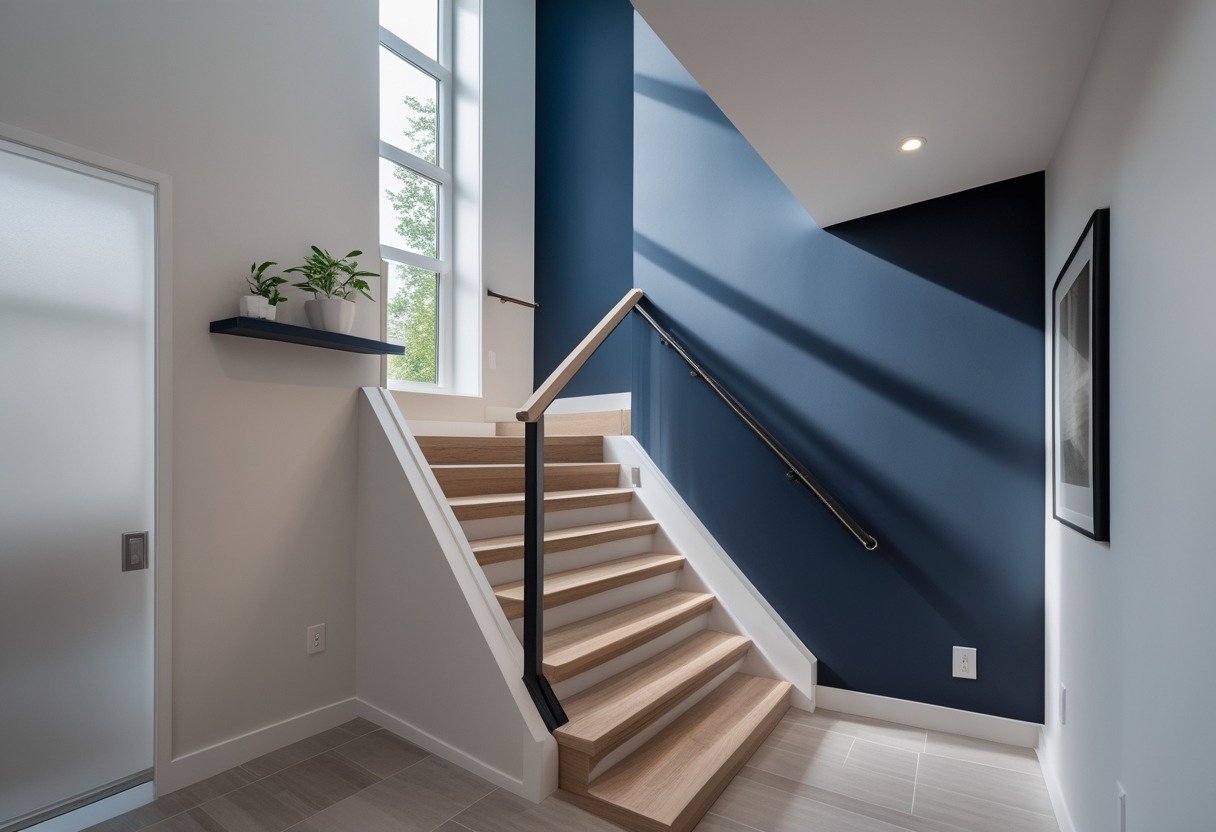 Stair landing with navy blue feature wall, wooden steps, metal railing, and natural light from a nearby window.