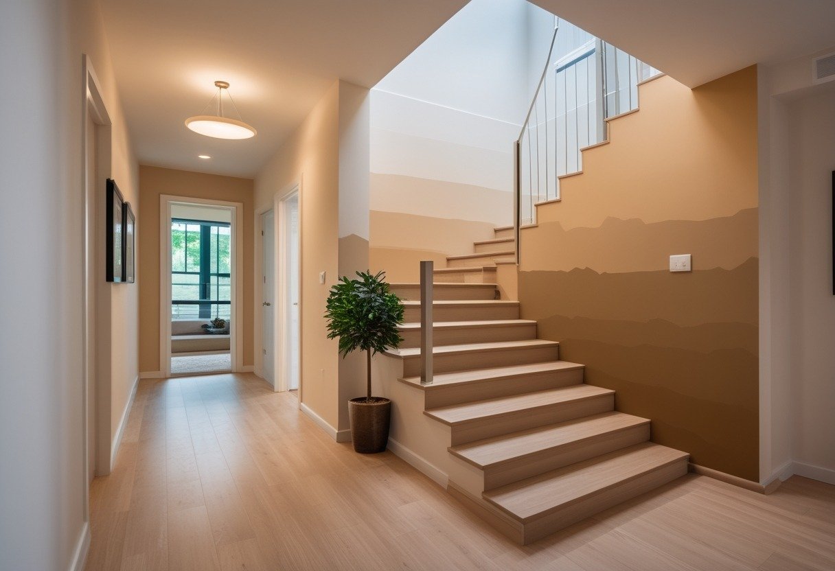 A hallway with warm beige ombre walls leading to a staircase with wooden steps and a metal handrail.