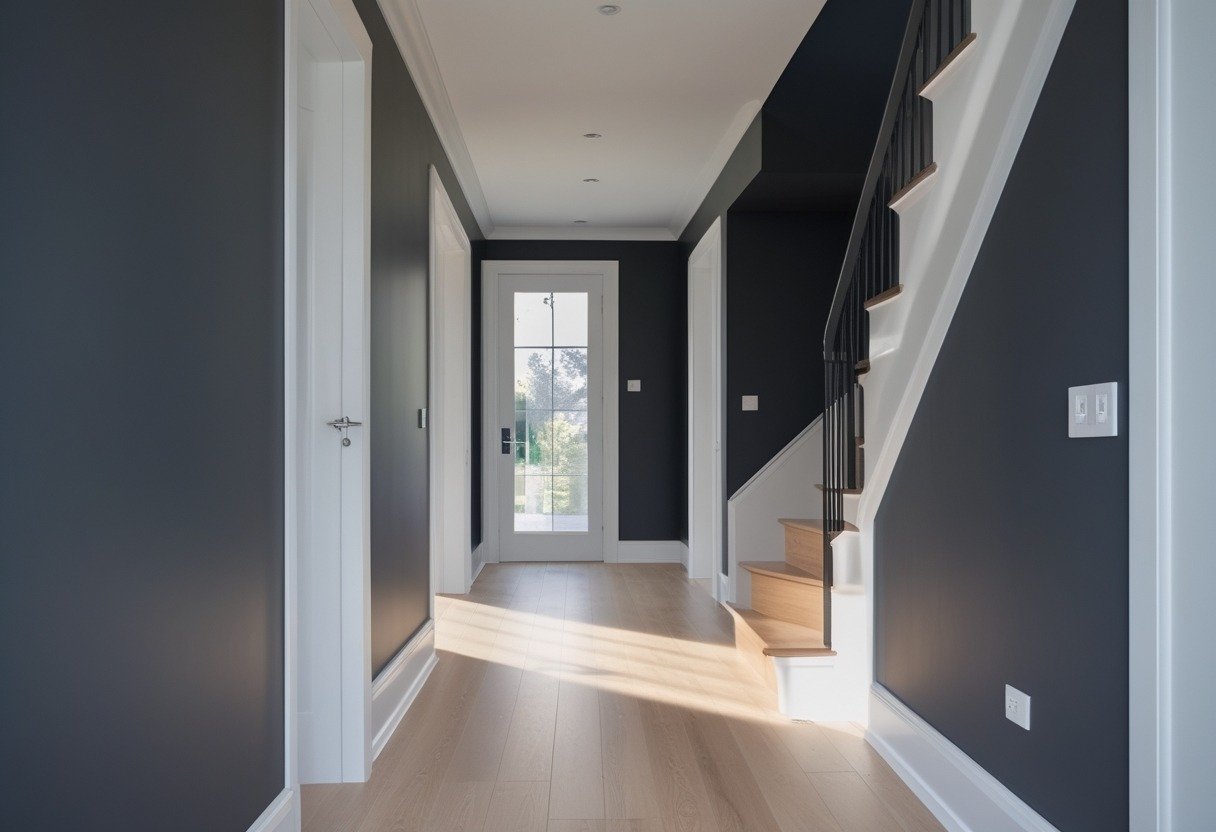 A hallway and staircase with dark charcoal walls and white skirting boards, light wooden stairs, and a polished hardwood floor.