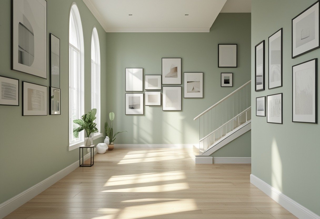 A bright hallway with pale green walls and a gallery wall of picture frames next to a modern staircase.