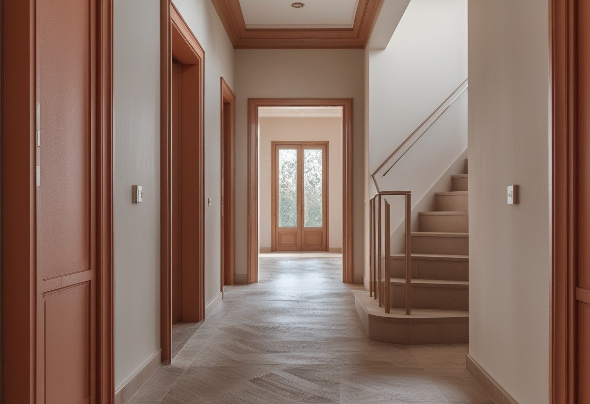 A hallway with terracotta-colored door frames and neutral-colored walls, featuring a wooden staircase.