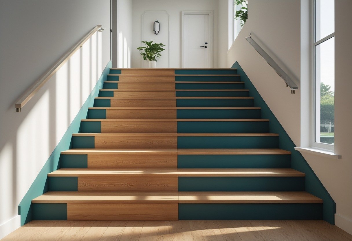 A hallway with stairs featuring deep teal painted risers and natural wood treads, illuminated by natural light.