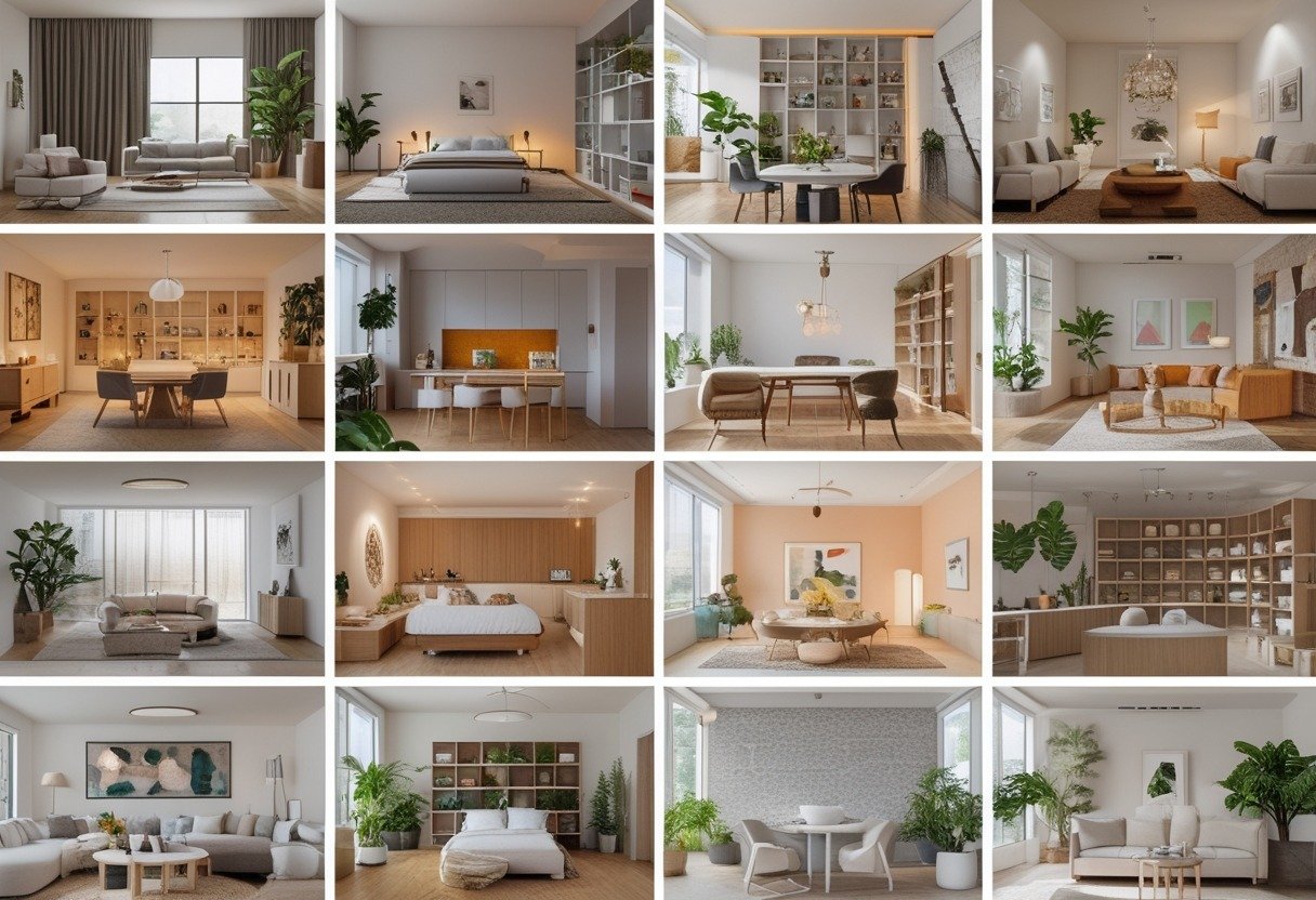 A collage of 15 different rooms, each decorated uniquely to show various interior design ideas.