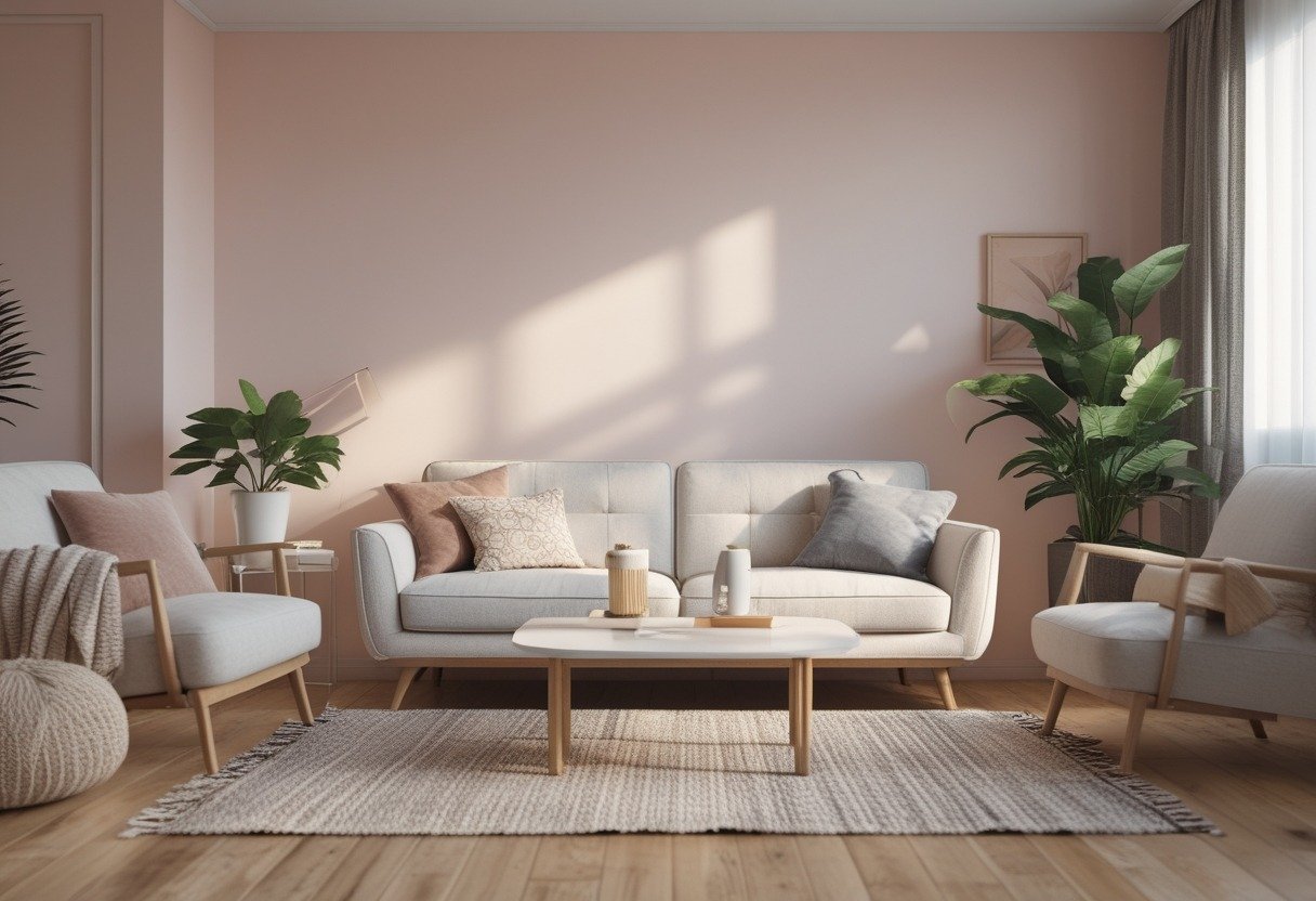 Living room with a pastel accent wall, sofa, coffee table, plants, and soft natural light.