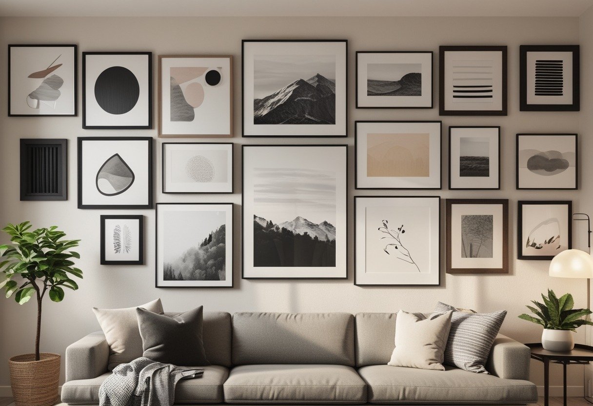A living room wall decorated with a variety of framed artwork and photos arranged in a gallery style above a sofa.
