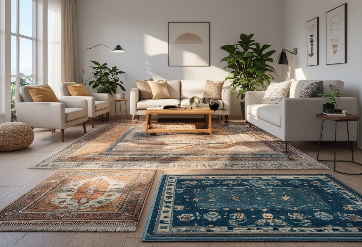 A living room with a sofa, armchairs, coffee table, and layered area rugs on the floor.