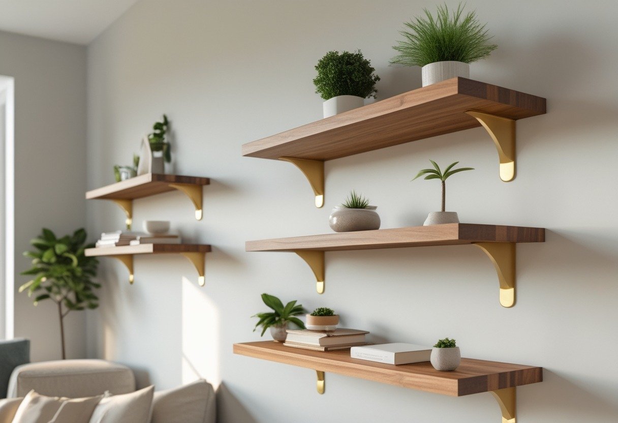 Floating walnut wall shelves with brass brackets mounted on a light wall, holding plants, books, and decorative items.