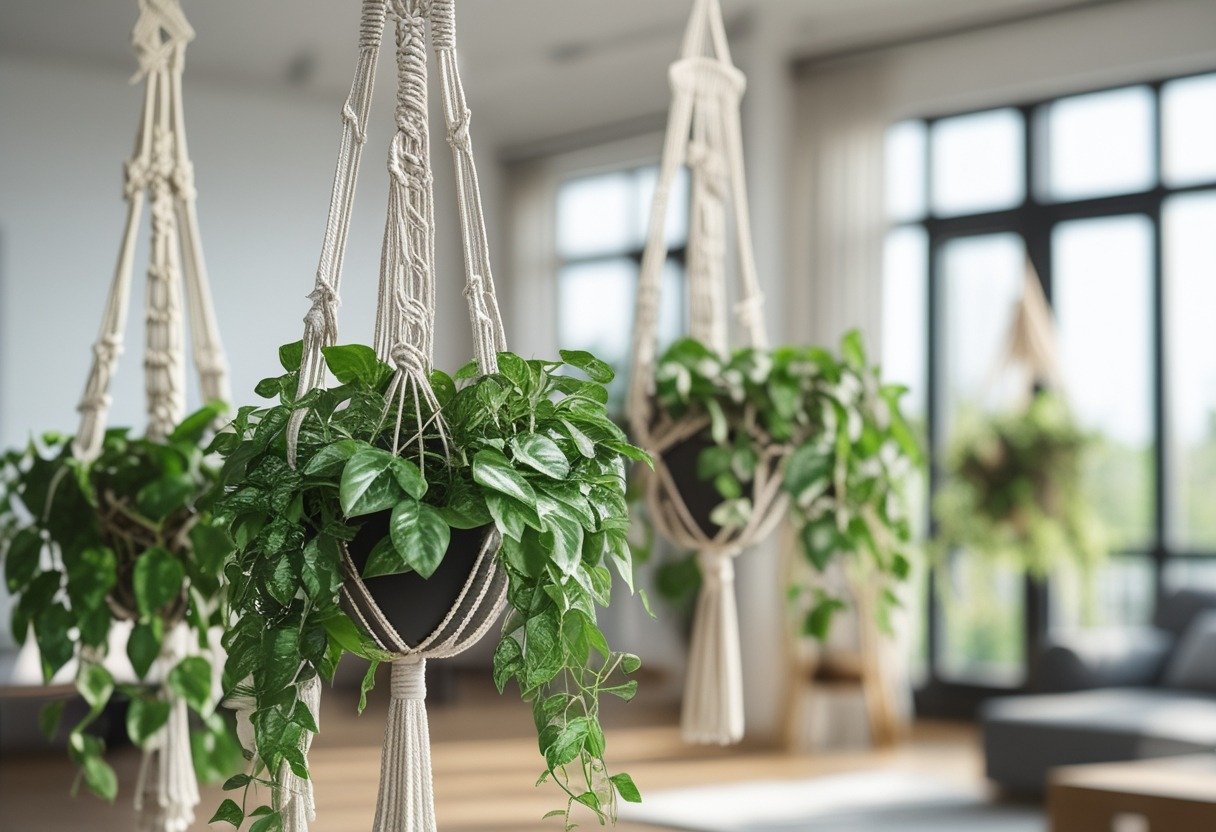 Several macramé plant hangers holding trailing pothos plants hanging in a bright living room.