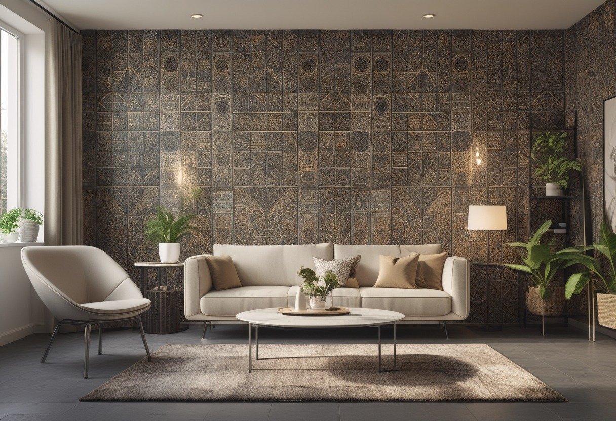 A modern living room with a single wall covered in geometric patterned wallpaper, featuring a sofa, coffee table, and plants.