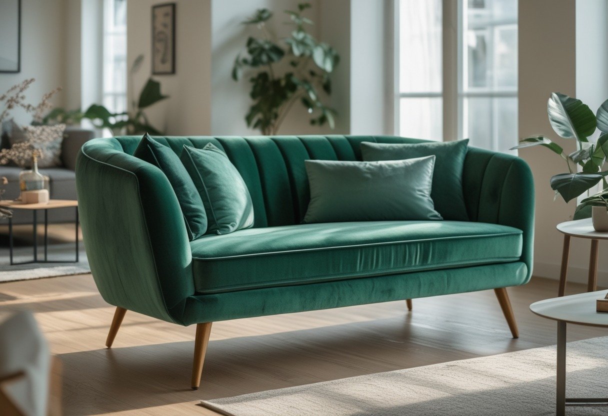 A green velvet sofa with tapered legs in a bright living room with a coffee table, plants, and wall art.