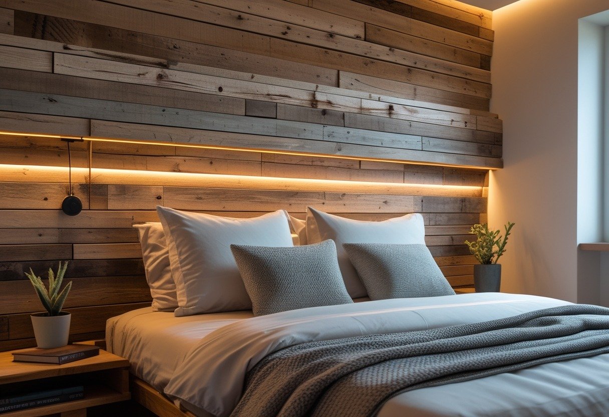 A bedroom with a bed featuring a reclaimed wood headboard that has built-in warm lighting, with a bedside table and soft natural light.