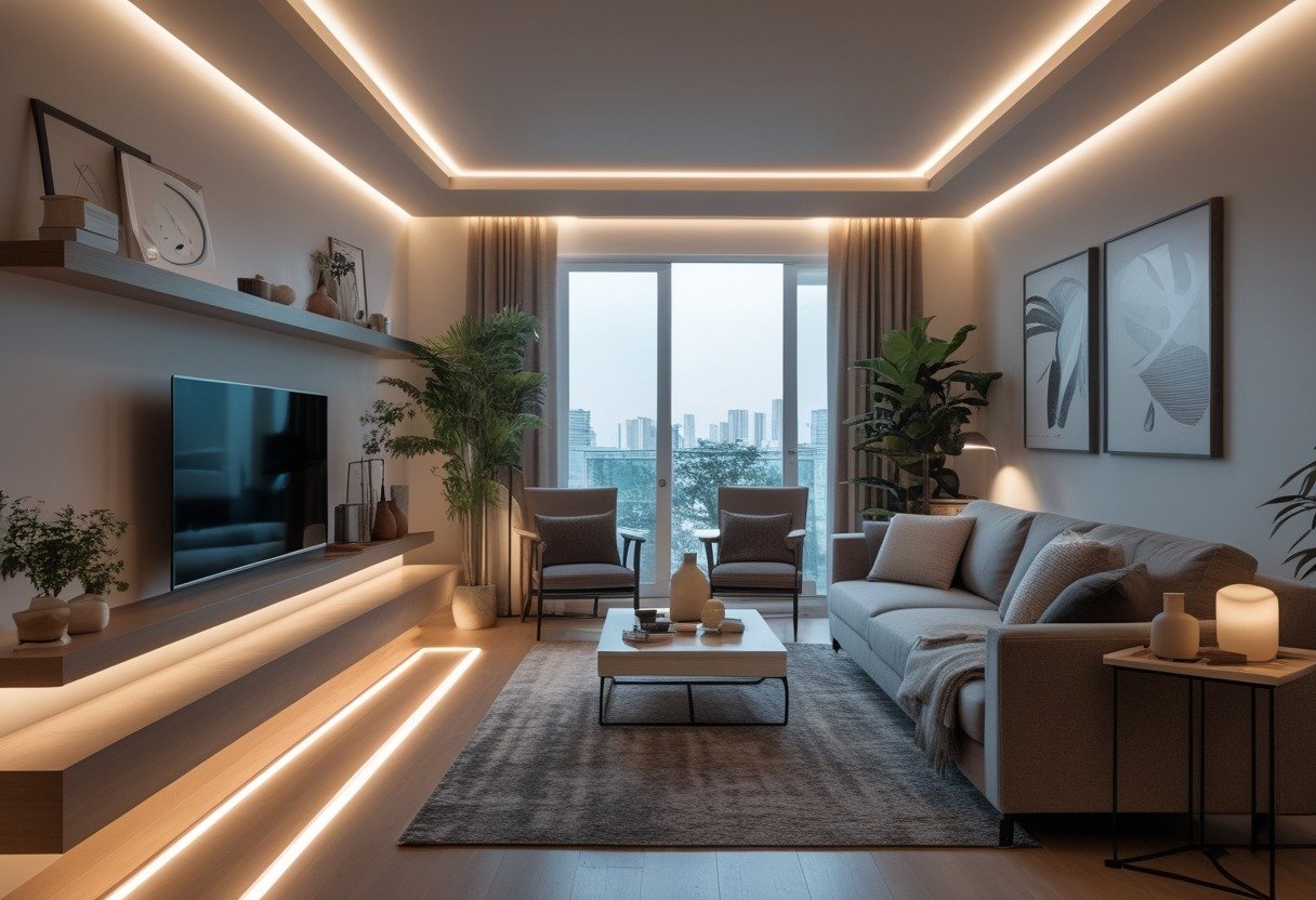 A modern living room lit by adjustable smart LED strip lights highlighting furniture and decor.