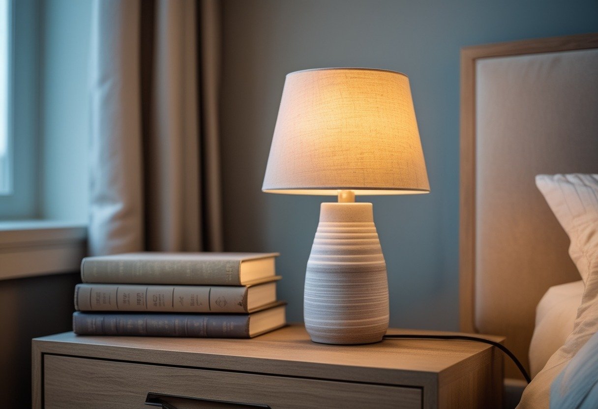 A bedside table with a ceramic lamp and a stack of books.