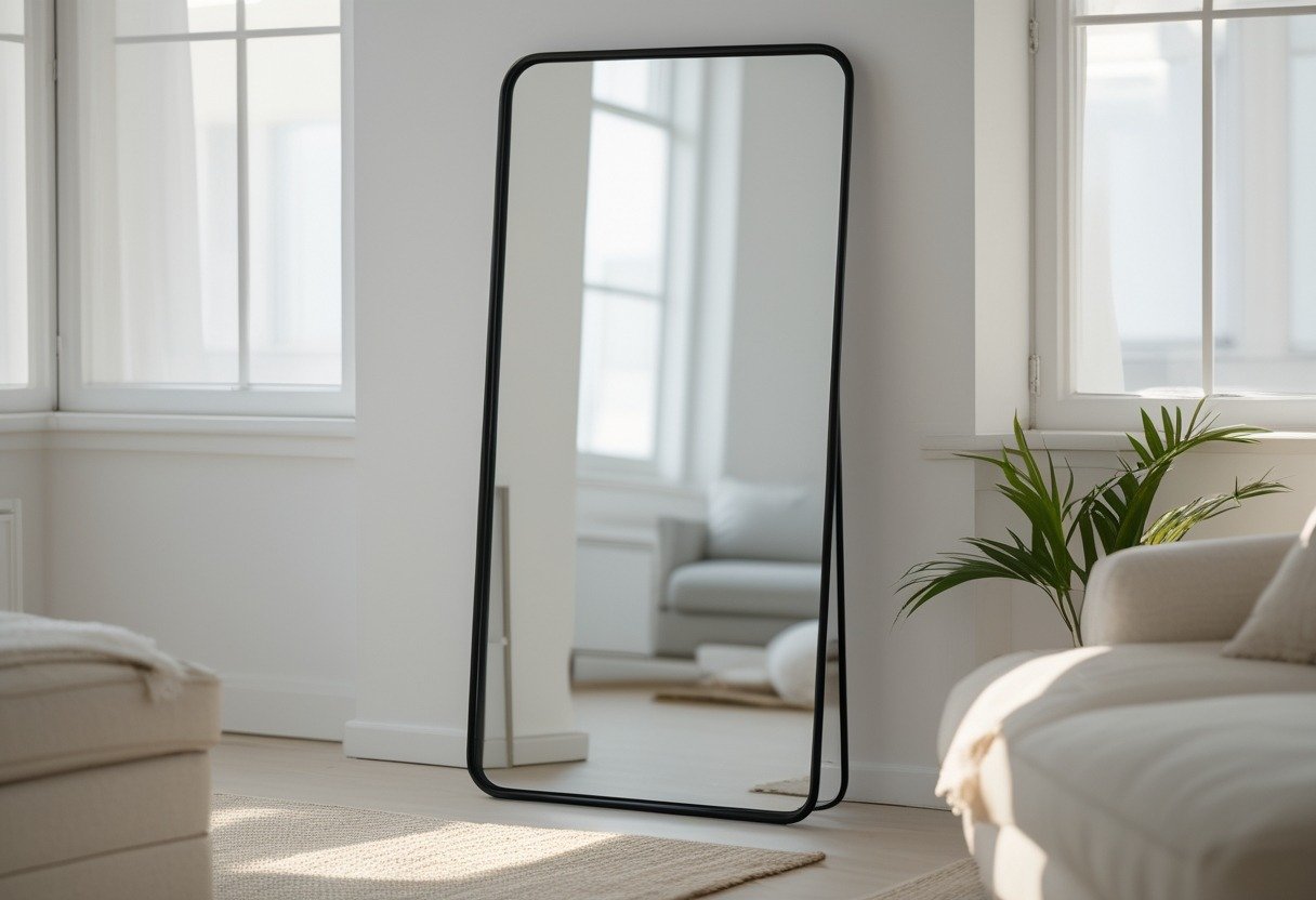 A black metal floor mirror leaning against a white wall in a bright living room with wooden flooring and a small plant nearby.