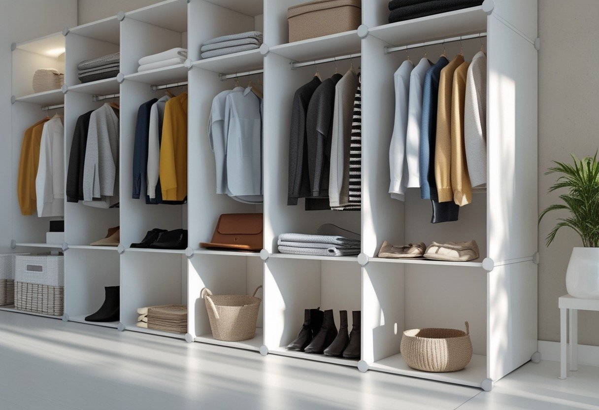 An open closet with modular storage cubes holding clothes, shoes, and storage baskets in a neat and organized arrangement.
