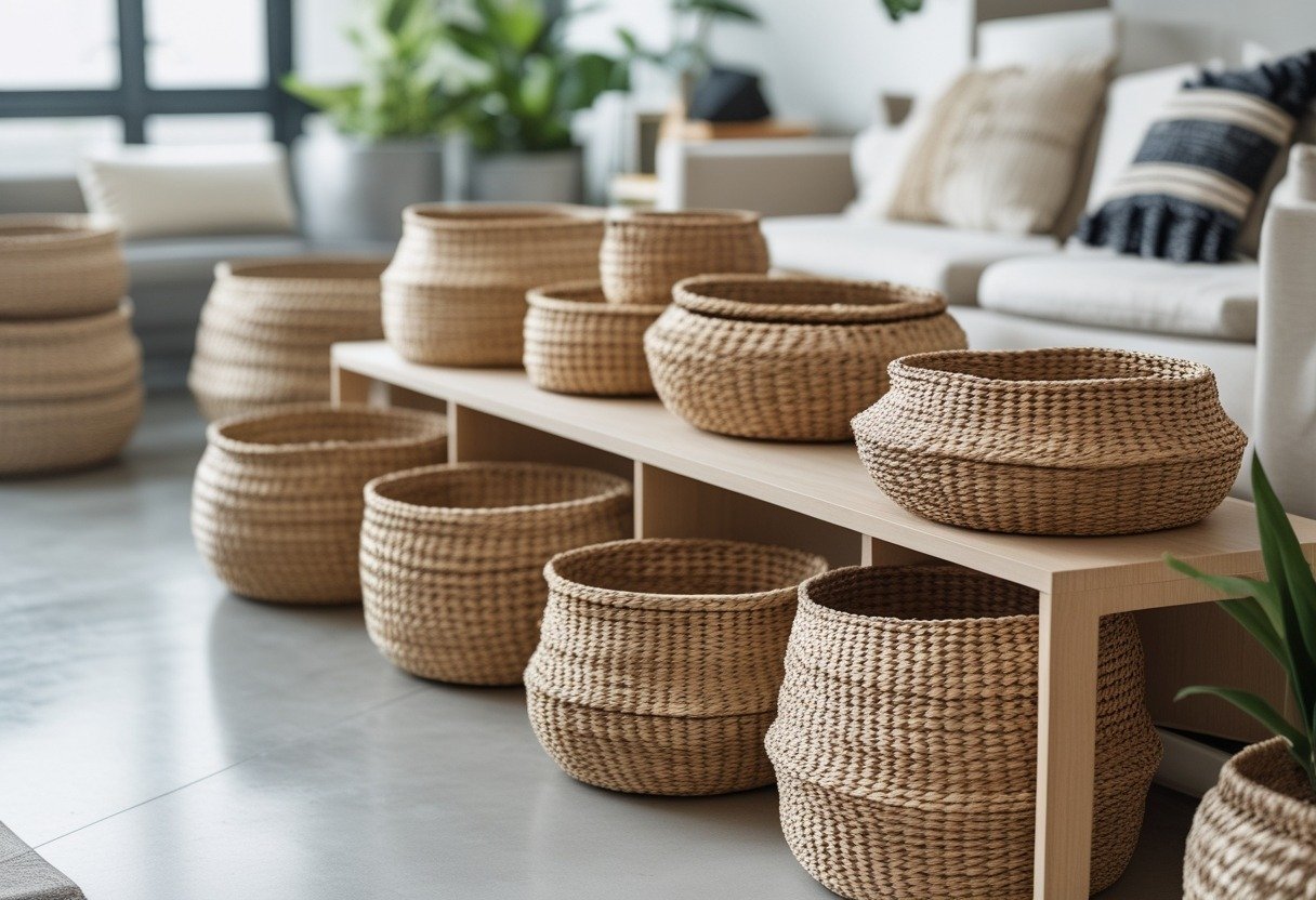 A living room with woven seagrass baskets used for storage placed on shelves and under a console table, surrounded by plants and furniture.
