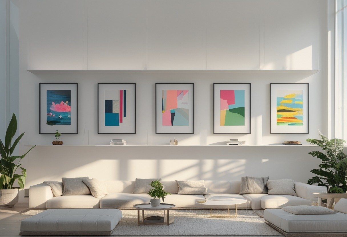 A modern living room with white walls displaying several picture ledges holding various framed artworks and decorated with plants and contemporary furniture.