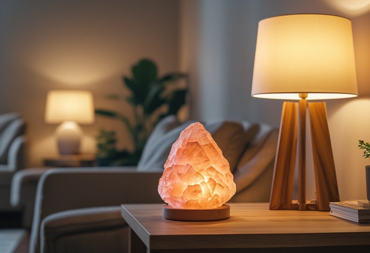 A warm glowing salt lamp and a dimmable lamp on a wooden table in a cozy room with simple decor.