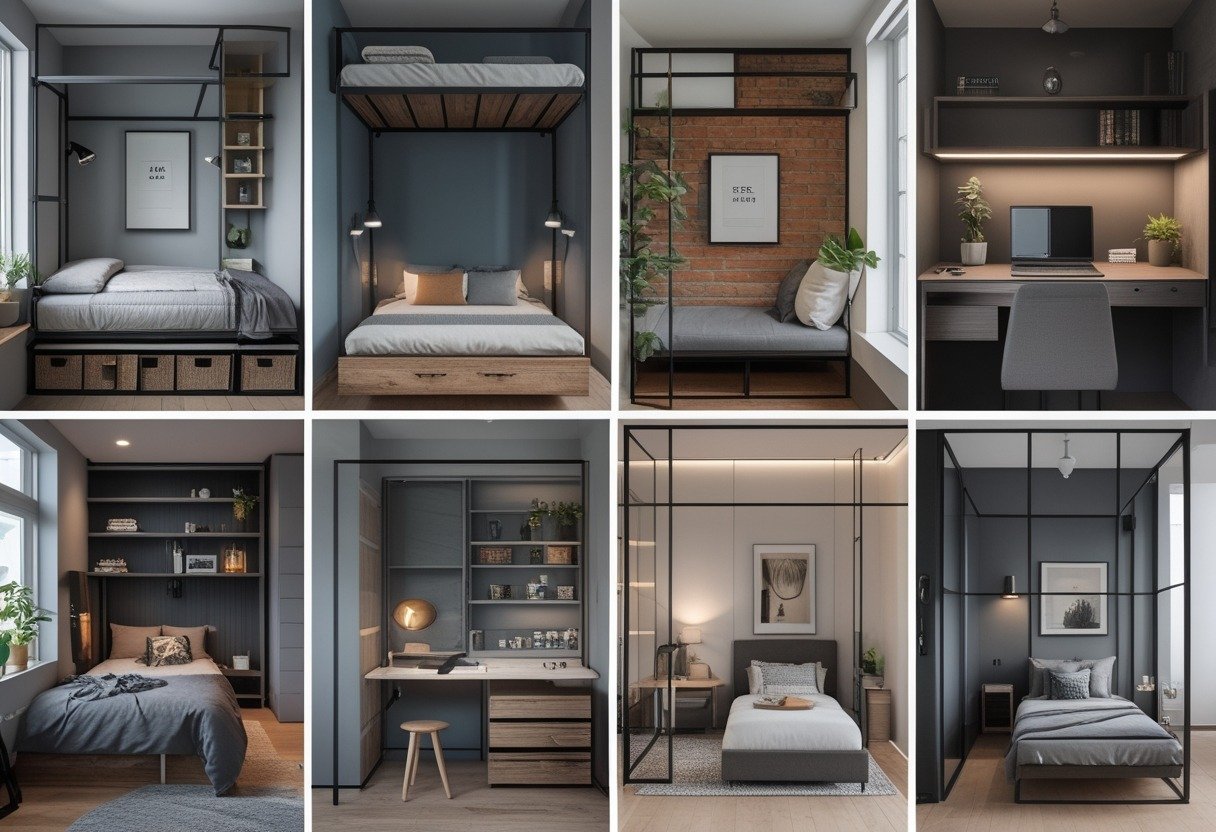 A grid of 12 small men's bedrooms, each with space-saving furniture and masculine decor, showing different layouts and storage solutions.